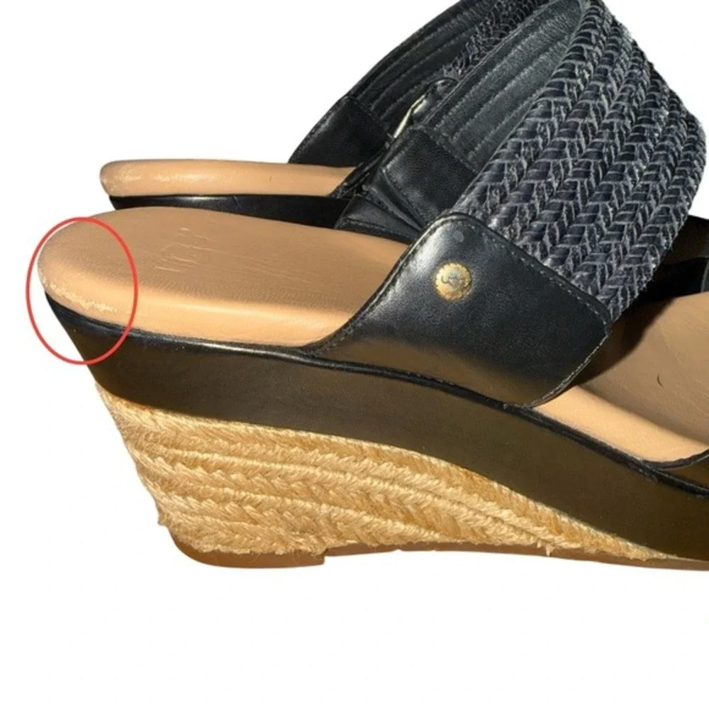 UGG Adriana Wedge Sandals Womens 8.5 Espadrille Slide Black Leather Braided Logo